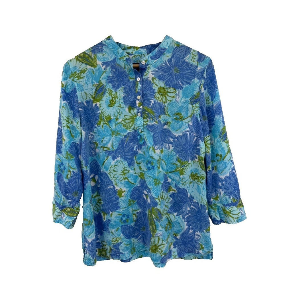 Talbots Blue Floral Blouse Sequins Size M Tencel 3/4 Sleeve Cottagecore Office